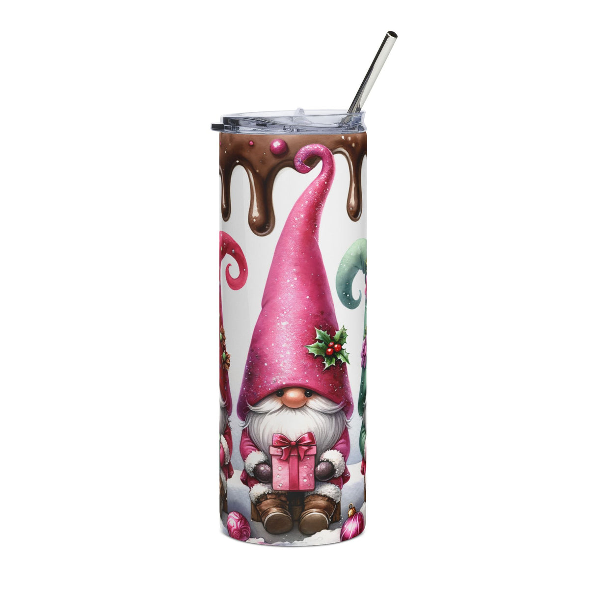 Tumbler with chocolate drip design and festive gnomes holding gifts.