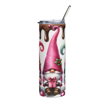 Tumbler with chocolate drip design and festive gnomes holding gifts.