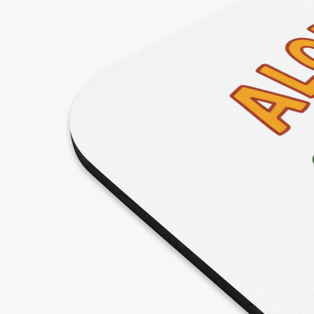 Mousepad with text "ALL" in yellow and orange.