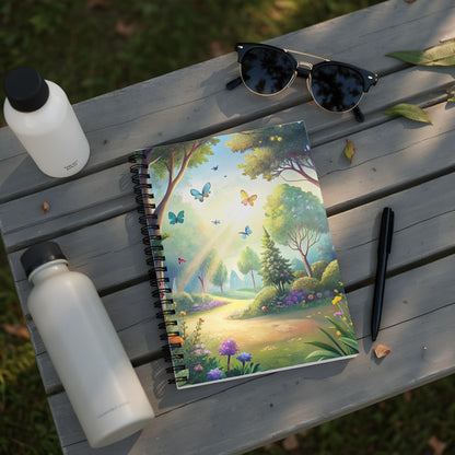 Spiral notebook with whimsical butterfly and nature scene cover on a wooden bench.