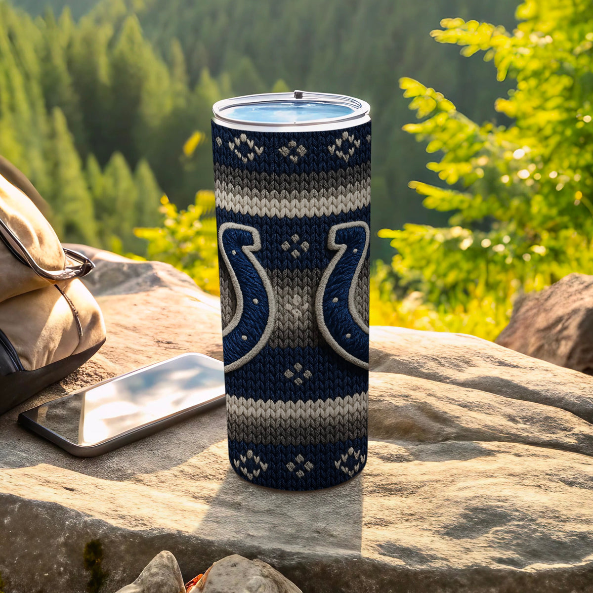 Colts-themed tumbler with a knitted design and horsehoe logo.