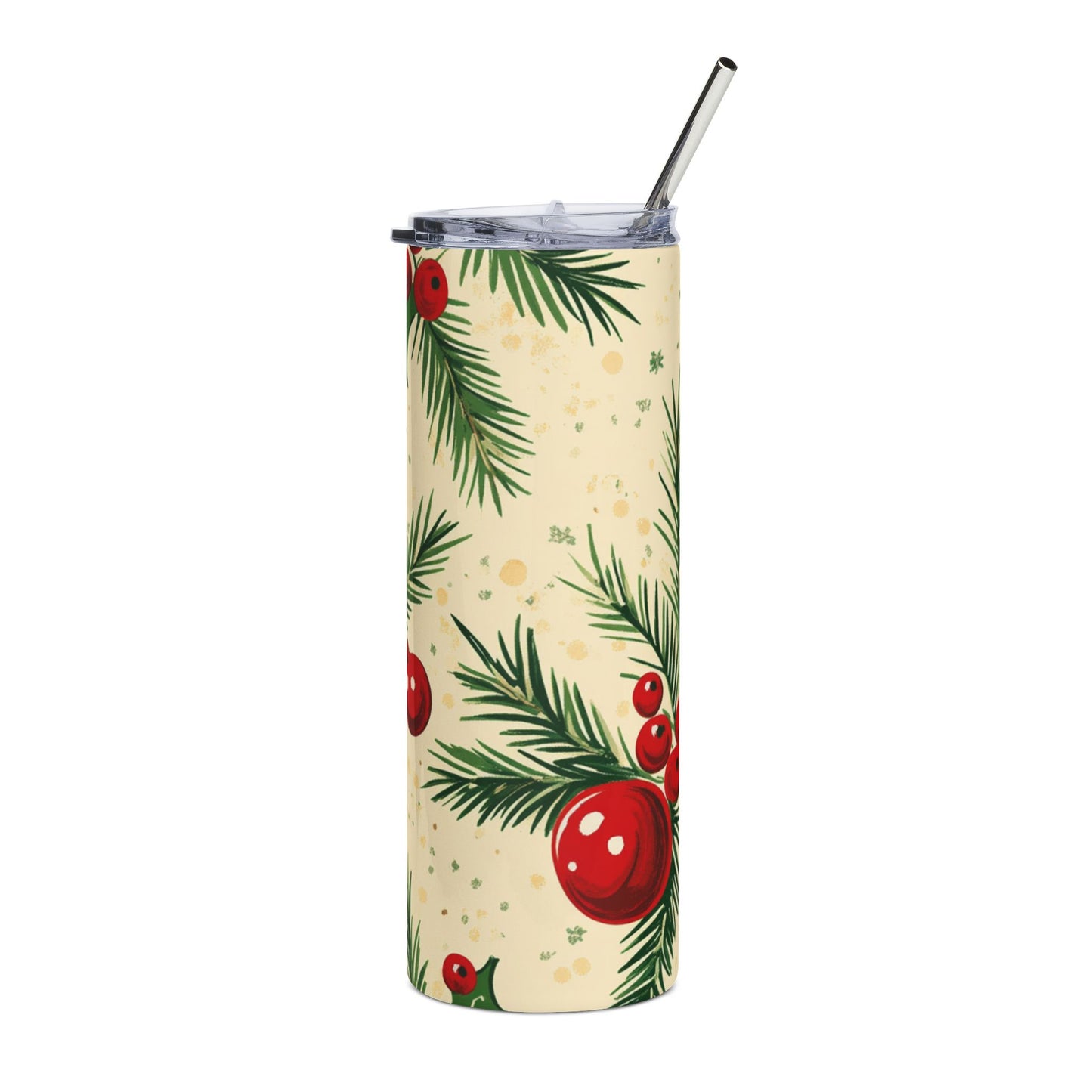 Tall tumbler with a festive Christmas pattern of pine needles and red berries.