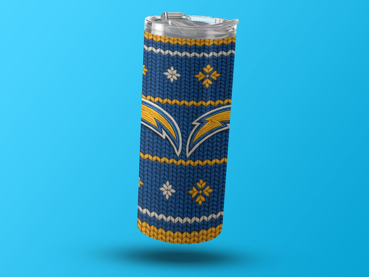 Blue tumbler with Los Angeles Chargers logo and knitted pattern design