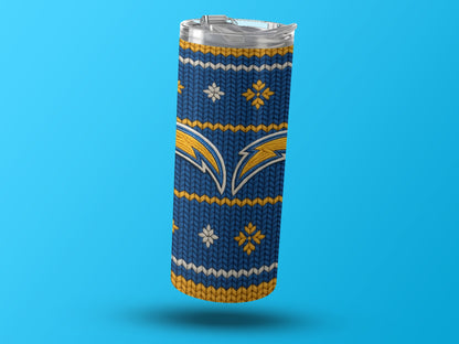 Blue tumbler with Los Angeles Chargers logo and knitted pattern design