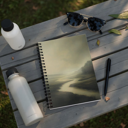 Spiral bound notebook with misty landscape cover on a wooden bench.