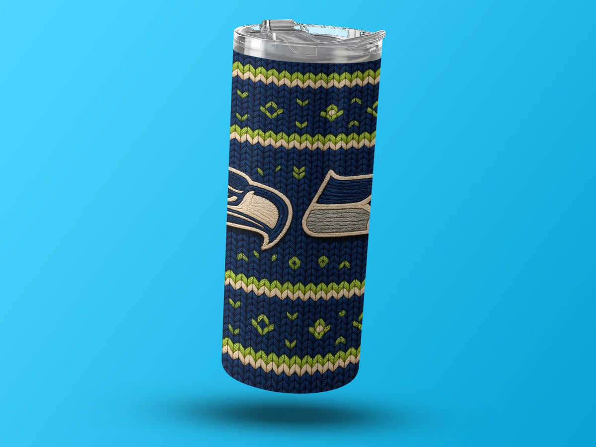 Seattle Seahawks tumbler with navy, green, and cream knit pattern.