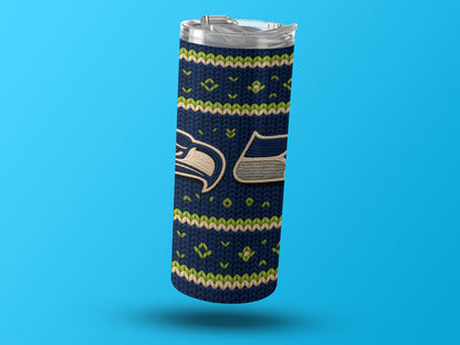 Seattle Seahawks tumbler with navy, green, and cream knit pattern.