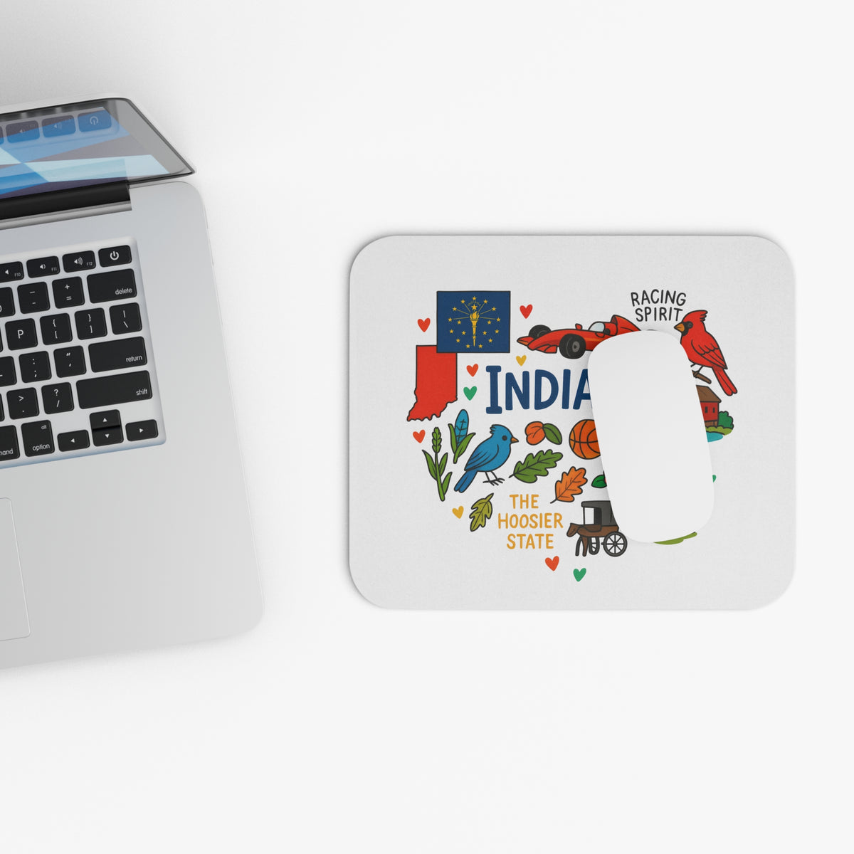 Indiana shaped mousepad with state flag, racing car, and state icons.