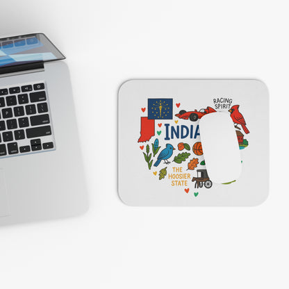 Indiana shaped mousepad with state flag, racing car, and state icons.