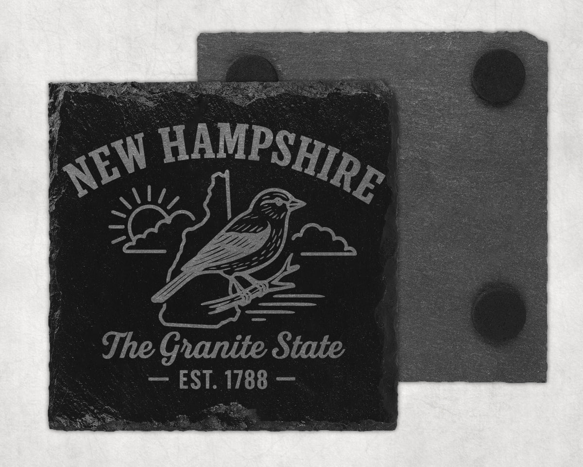 New Hampshire slate coaster with bird, sun, and "The Granite State Est. 1788" text.