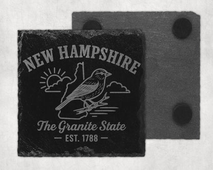New Hampshire slate coaster with bird, sun, and "The Granite State Est. 1788" text.