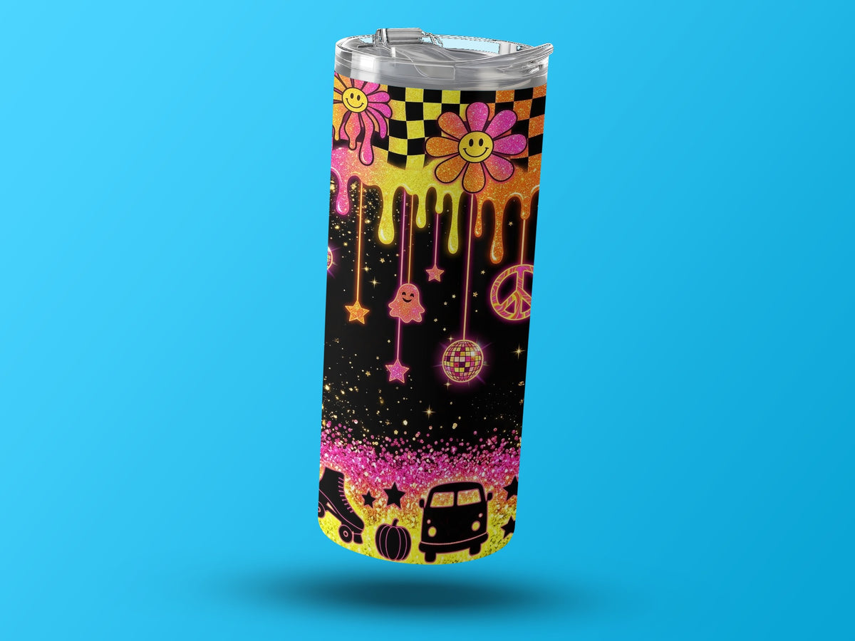 Tumbler with smiley flowers, checkerboard, drips, disco ball, ghost, stars, peace sign, and van.