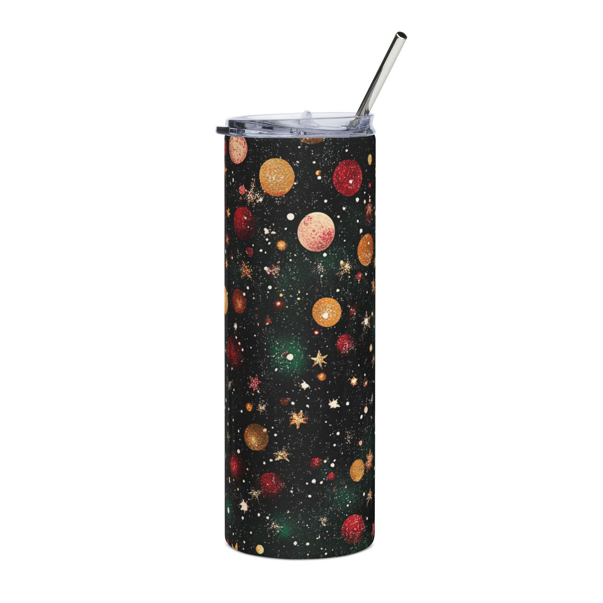 Tall tumbler with lid and straw featuring a dark background with colorful planets, stars, and glitter.