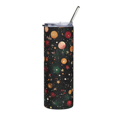 Tall tumbler with lid and straw featuring a dark background with colorful planets, stars, and glitter.
