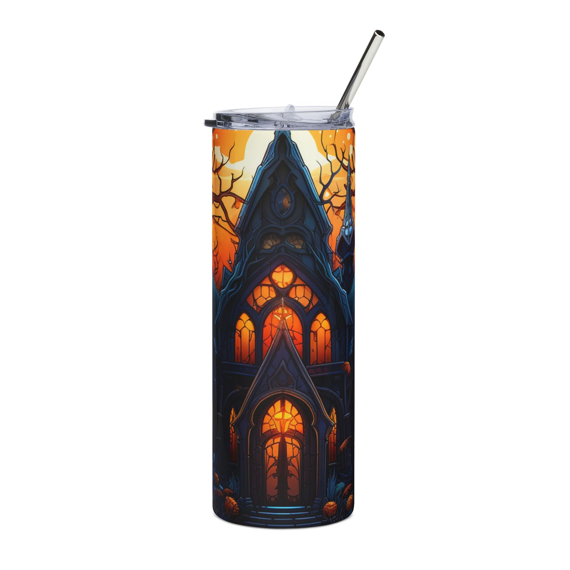 Tumbler with Halloween gothic mansion design and metal straw.