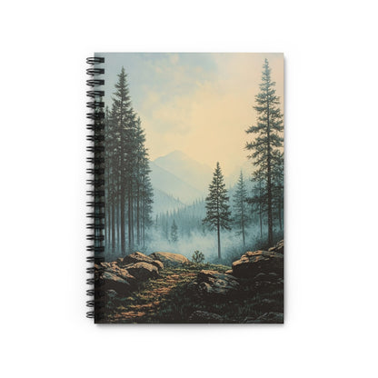 Spiral-bound notebook with a forest landscape painting featuring pine trees and mountains.