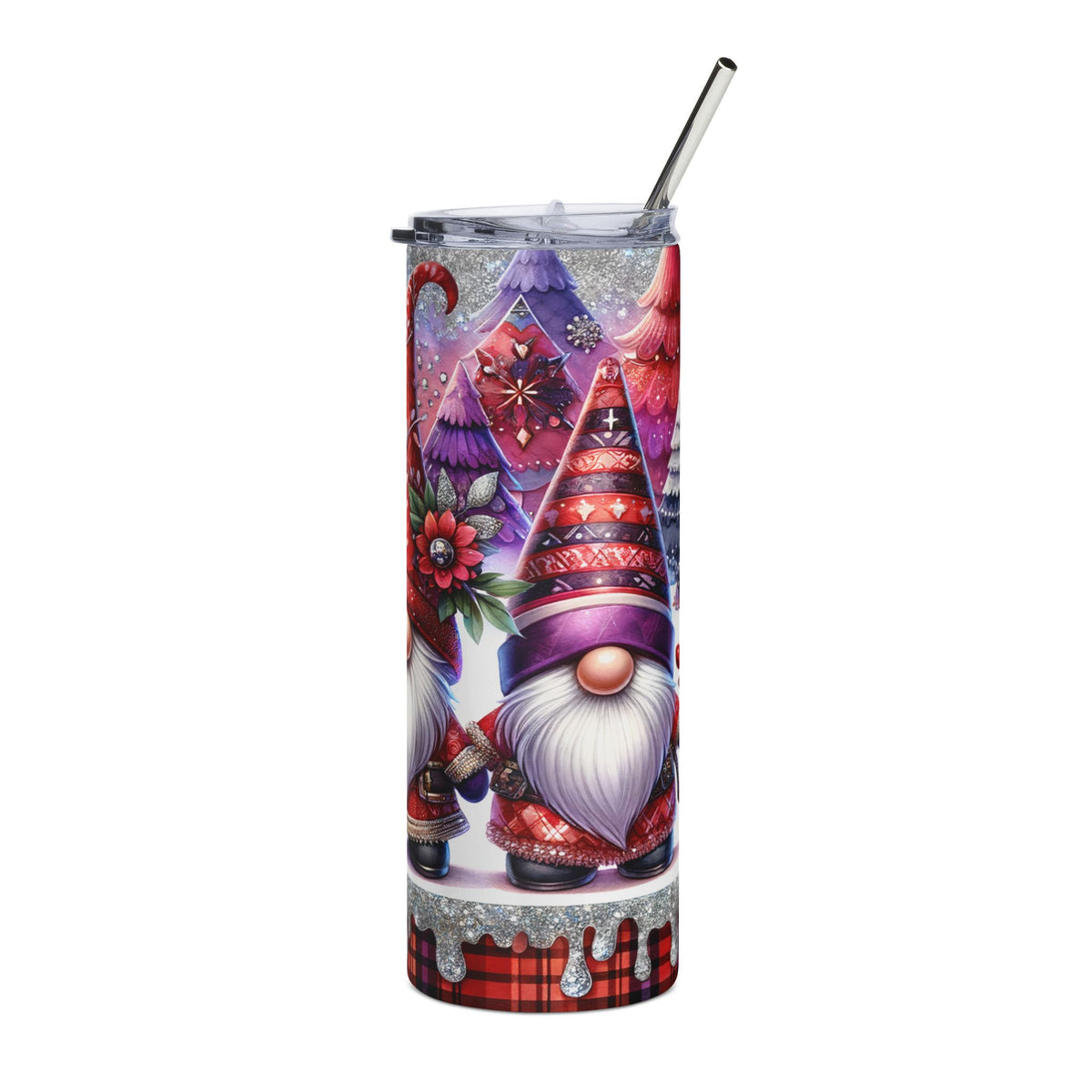 Tumbler with Christmas gnomes, trees, and plaid pattern.