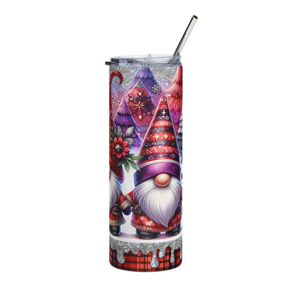 Tumbler with Christmas gnomes, trees, and plaid pattern.