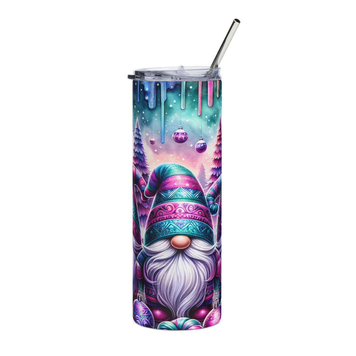 Tumbler with colorful gnome, Christmas trees, and ornaments design.