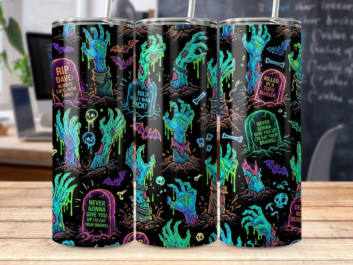 Zombie hands rise from graves with humorous epitaphs and neon-like colors.