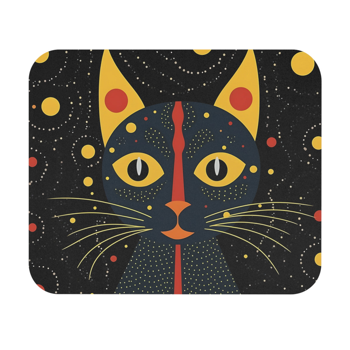 A rectangular mousepad featuring a stylized black cat with yellow eyes against a starry night sky.