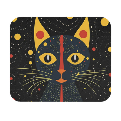 A rectangular mousepad featuring a stylized black cat with yellow eyes against a starry night sky.