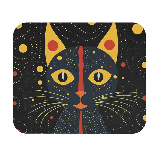A rectangular mousepad featuring a stylized black cat with yellow eyes against a starry night sky.