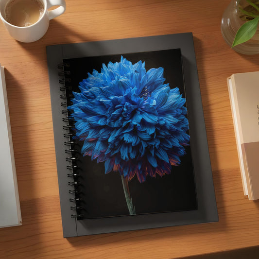 Black spiral notebook featuring a vibrant blue chrysanthemum on a dark background.