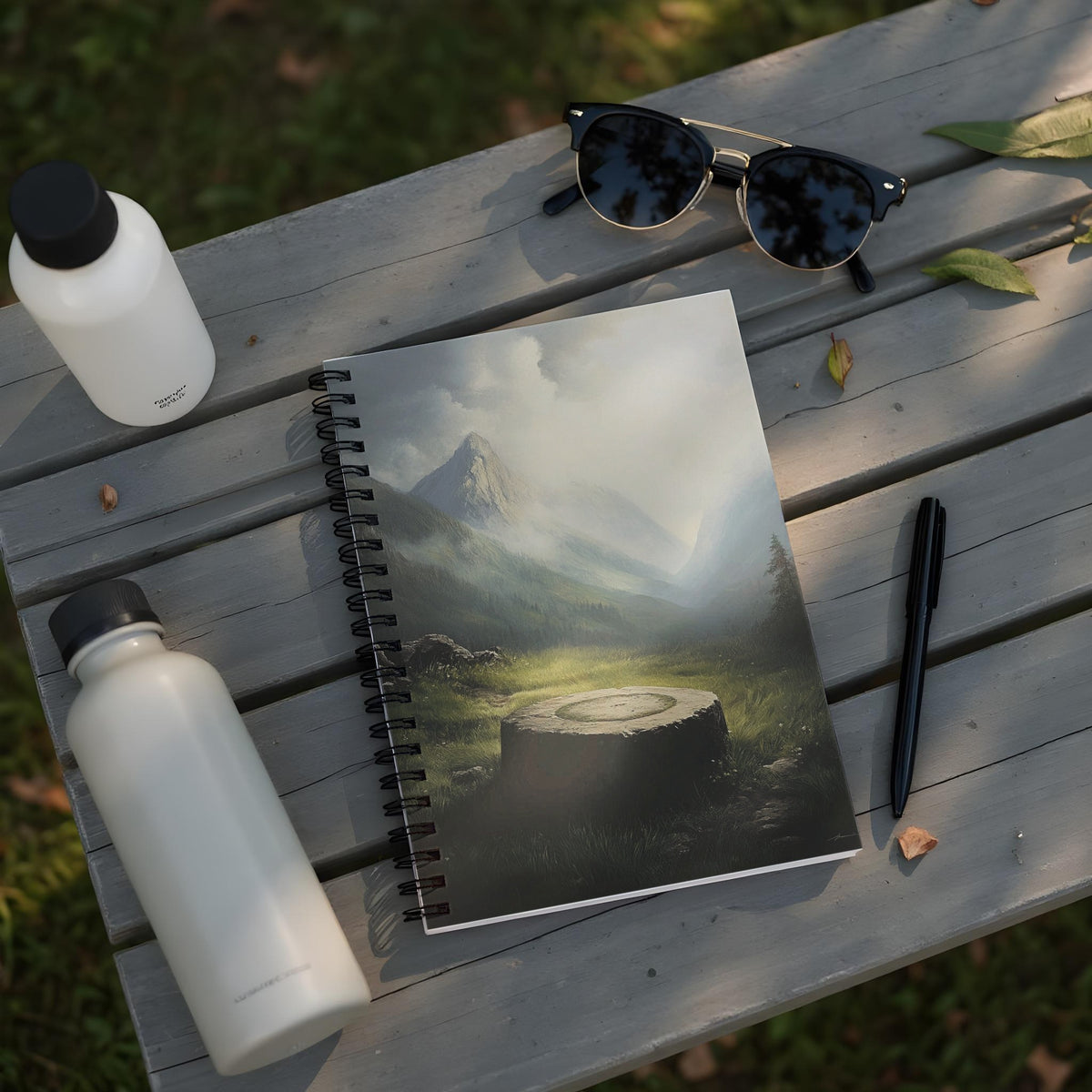 Spiral bound notebook with a misty mountain landscape and tree stump art.