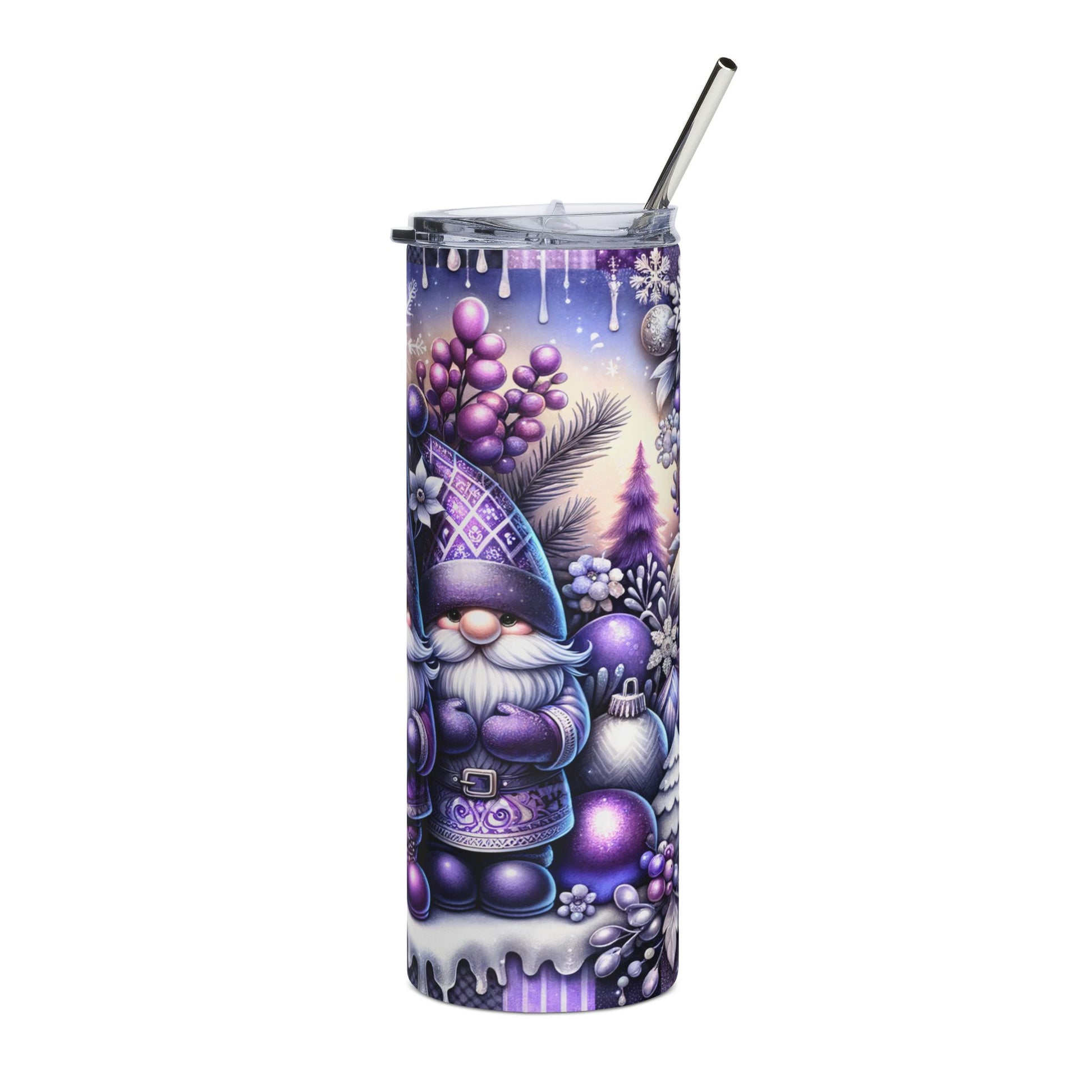 Purple gnome with holiday ornaments and snowflakes on a tumbler with straw.