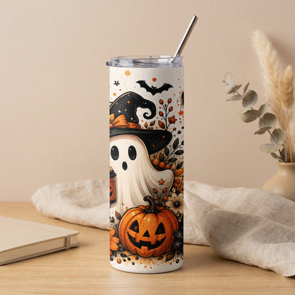 White tumbler with a Halloween design featuring a ghost, pumpkin, bat, and flowers.