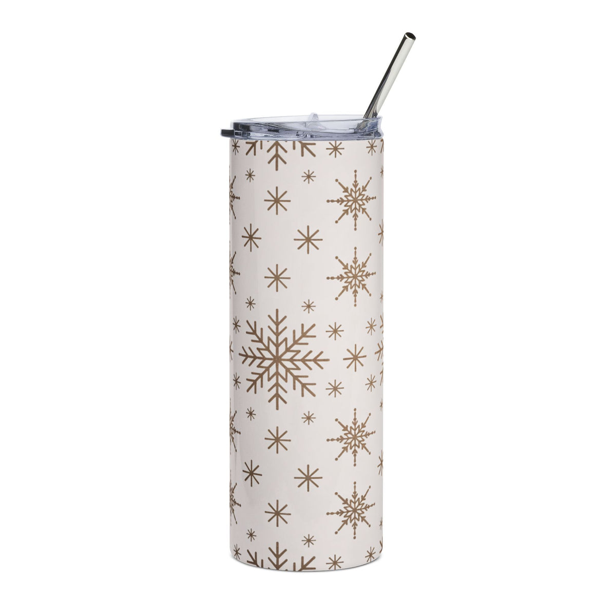 Tumbler with snowflake pattern and metal straw.