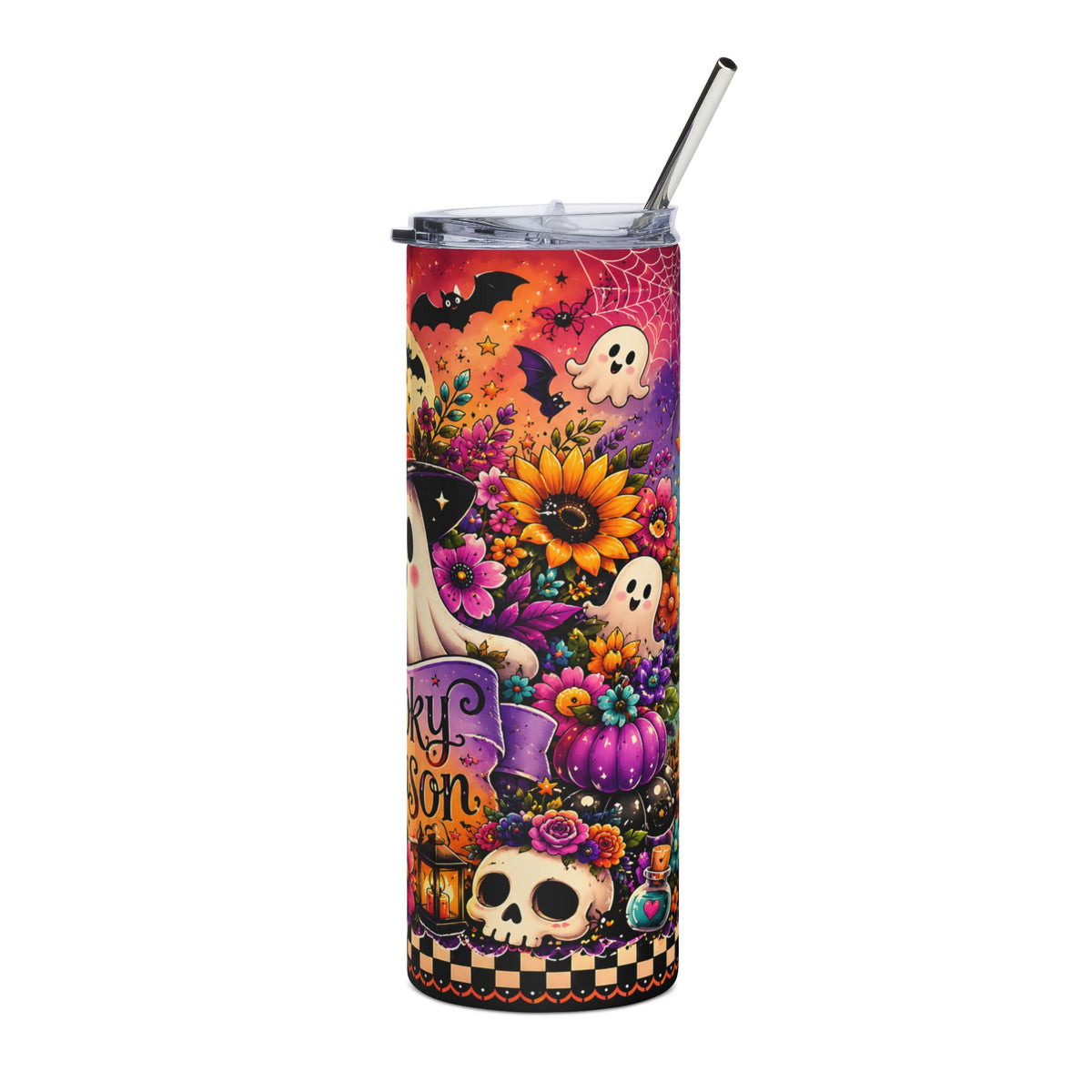 Tumbler with Halloween design featuring ghosts, bats, flowers, and a skull.