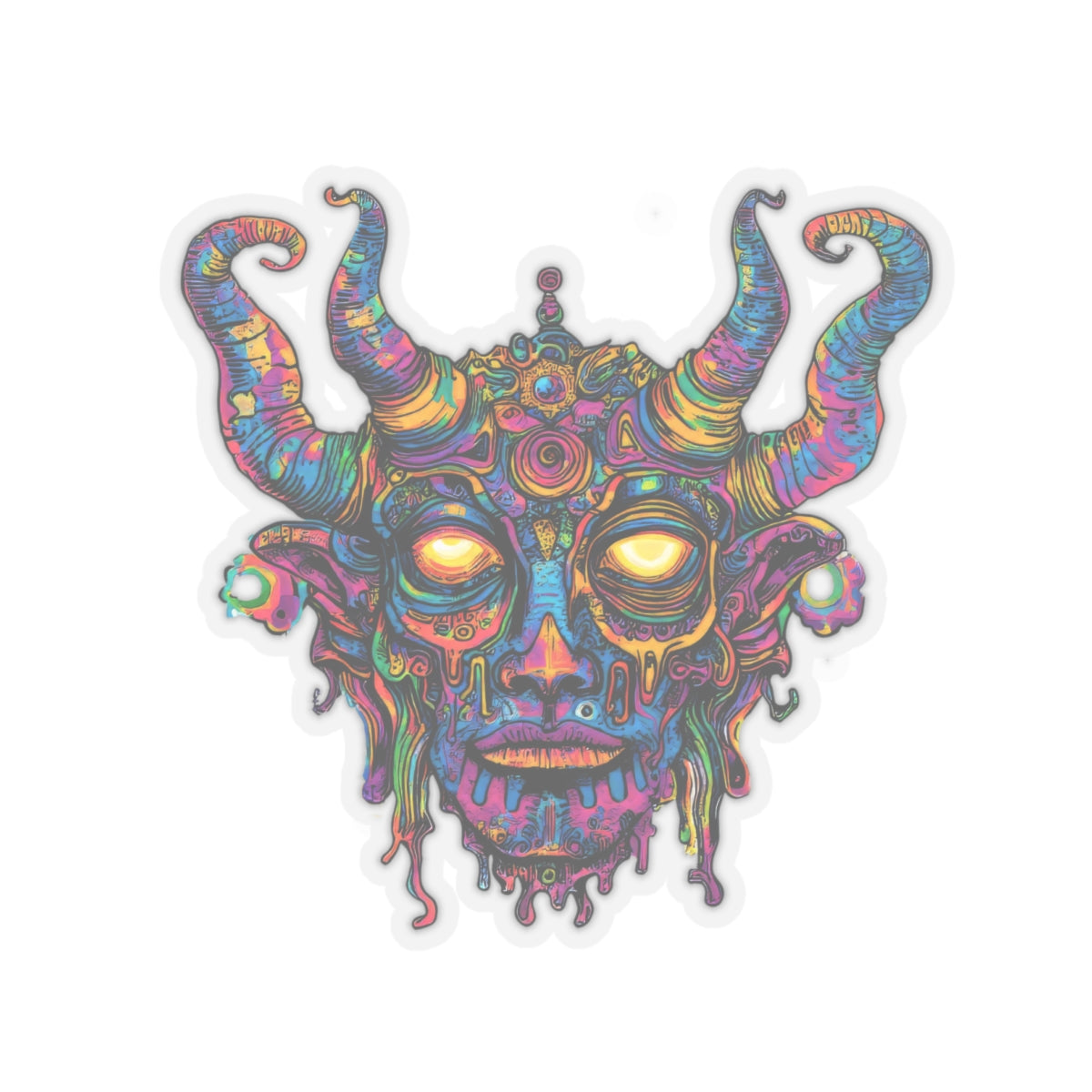 Psychedelic demon face with glowing yellow eyes and colorful swirling horns.