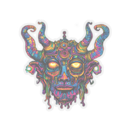 Psychedelic demon face with glowing yellow eyes and colorful swirling horns.