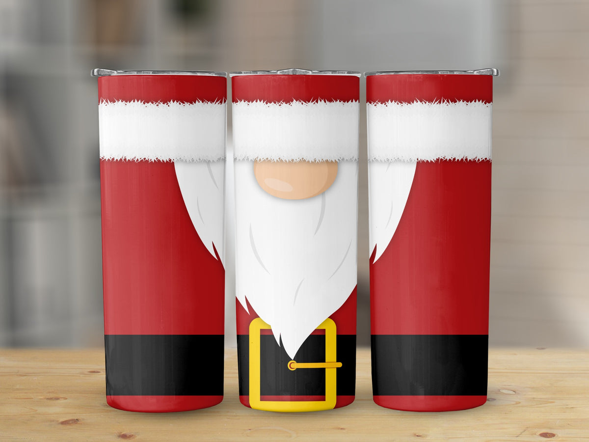 Three tumblers with a Santa Claus design featuring red suits and white beards.