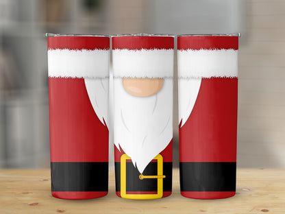 Three tumblers with a Santa Claus design featuring red suits and white beards.