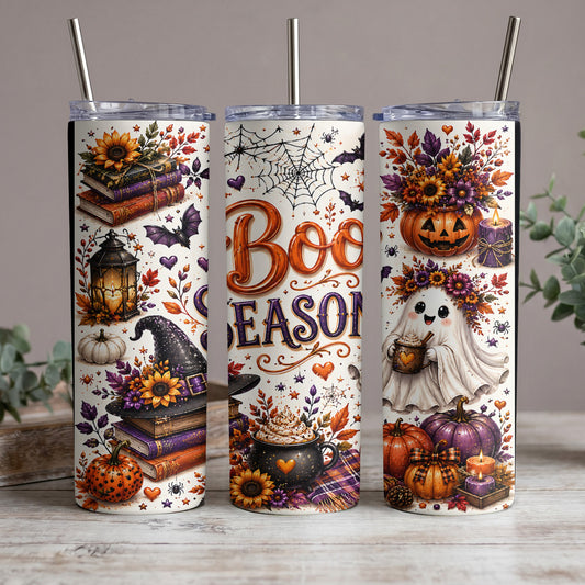 Three Halloween-themed tumblers with ghosts, pumpkins, books, and the text "Boo Season".