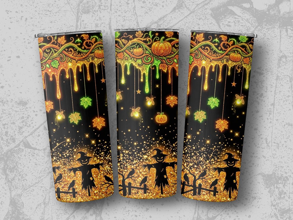 Halloween tumblers with scarecrows, crows, pumpkins, and glitter sparkle design.