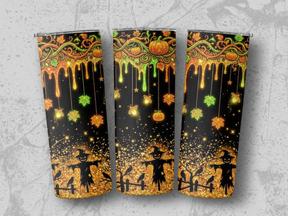 Halloween tumblers with scarecrows, crows, pumpkins, and glitter sparkle design.