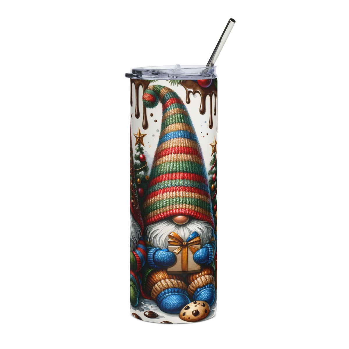 Tumbler with Christmas gnome, gifts, trees, and cookies design.