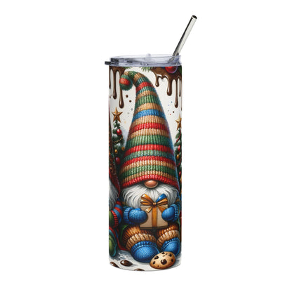 Tumbler with Christmas gnome, gifts, trees, and cookies design.