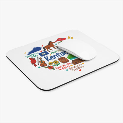 Kentucky themed mousepad with horse, cardinal, bourbon barrel, and roses.