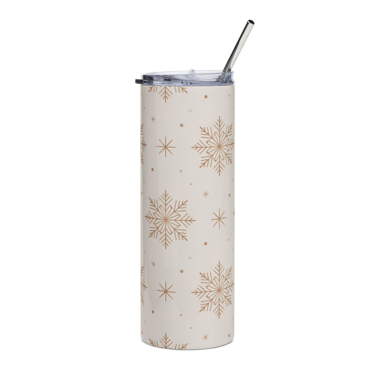 Beige tumbler with gold snowflake pattern and metal straw.
