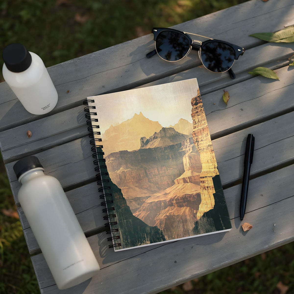 Notebook with Grand Canyon cover art, sunglasses, pen, and water bottles on a wooden surface.