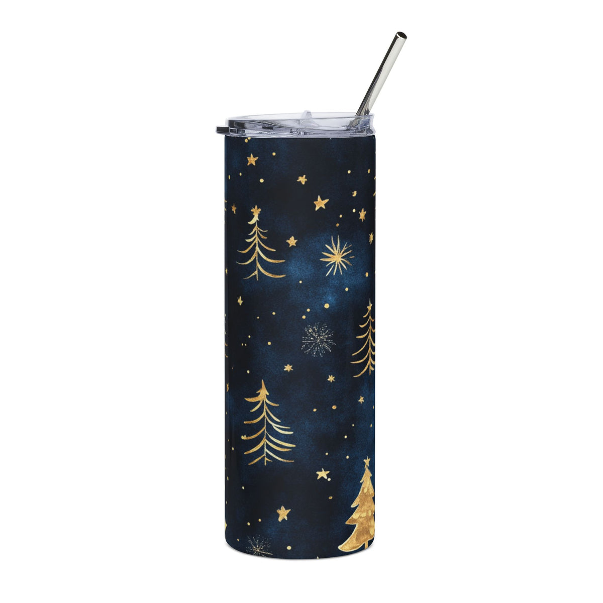 Dark blue tumbler with gold Christmas trees, stars, and snowflakes pattern.