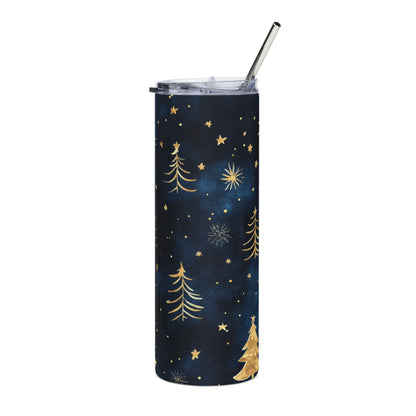 Dark blue tumbler with gold Christmas trees, stars, and snowflakes pattern.