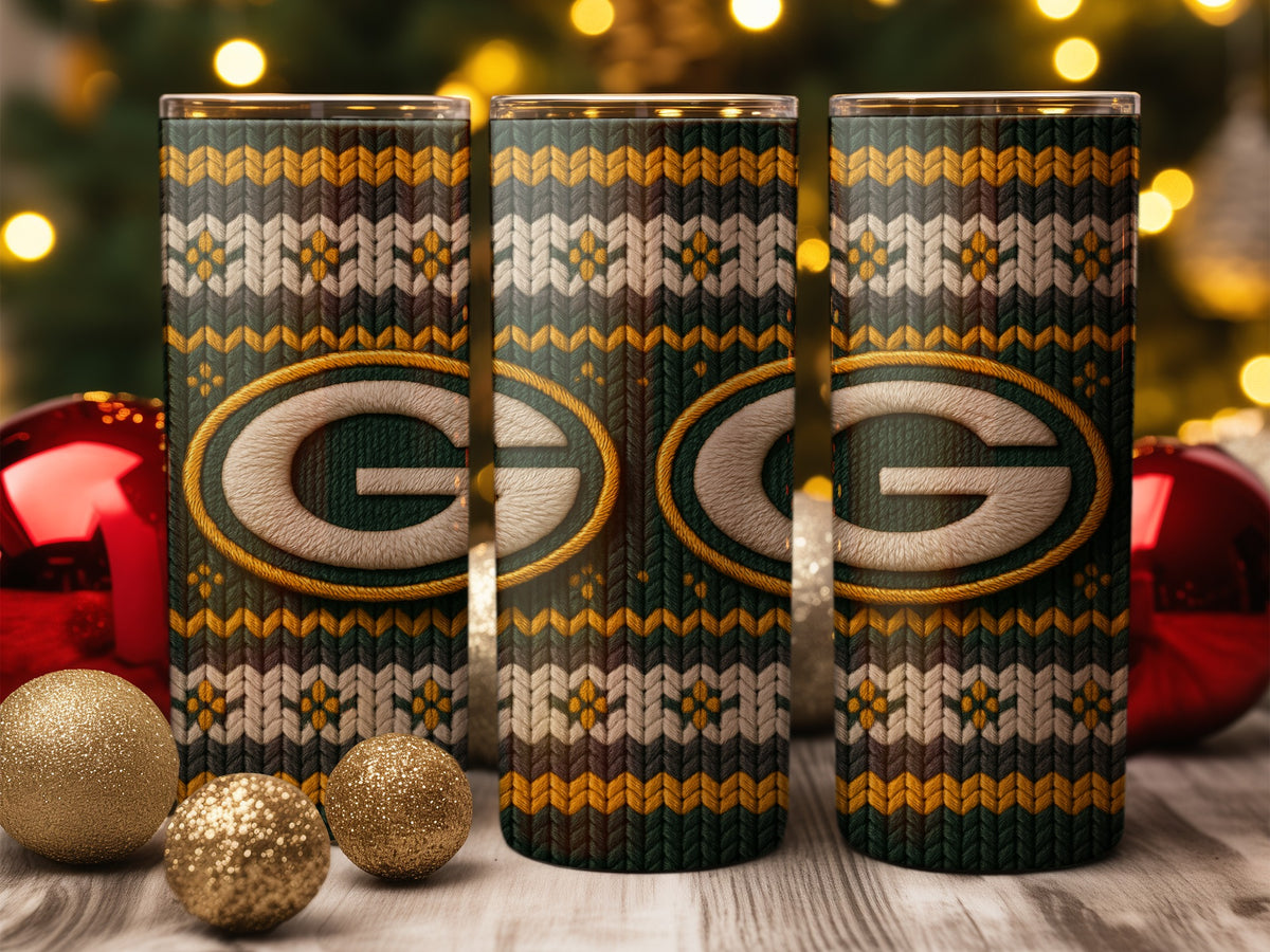 Green Bay Packers tumblers with a knit pattern and Christmas decorations.