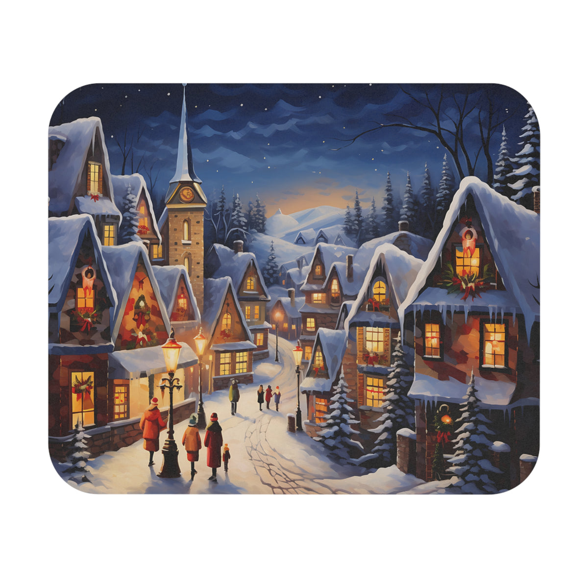 Snowy village street at dusk with festive decorations and people walking.