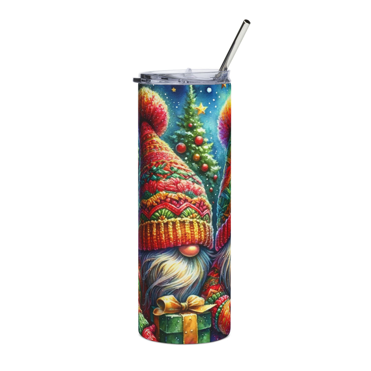 Tumbler with gnomes, Christmas tree, and gift on snowy, starry background